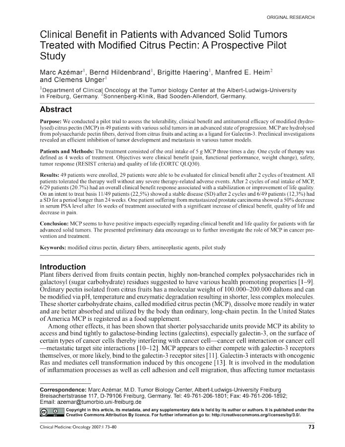 MCP-SAGE Journals – Clinical Benefit in Patients with Advanced Solid Tumors Treated with Modified Citrus Pectin: A Prospective Pilot Study