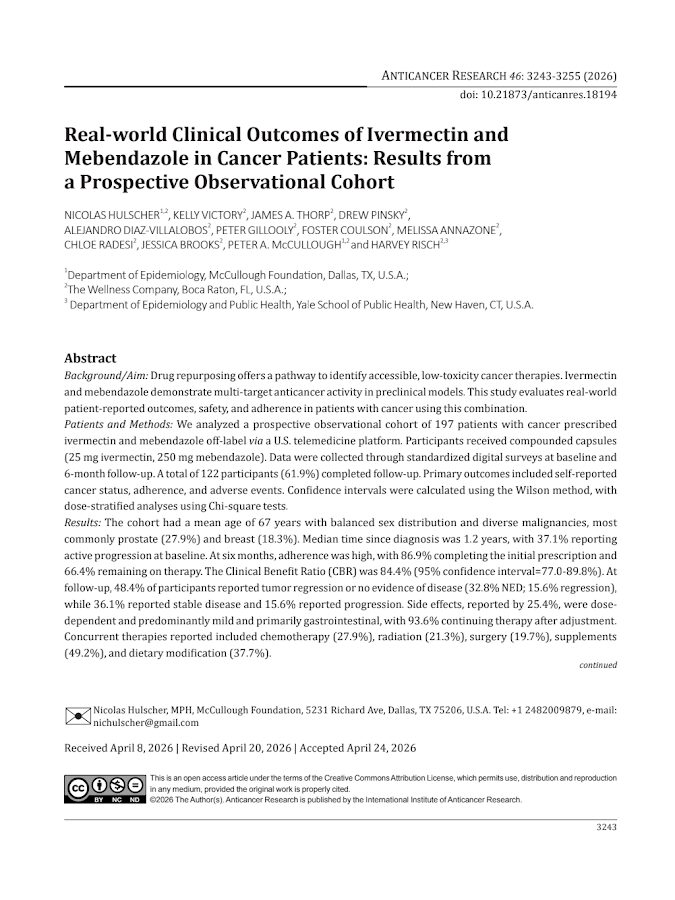 Anticancer research – Real-world Clinical Outcomes of Ivermectin and Mebendazole in Cancer Patients