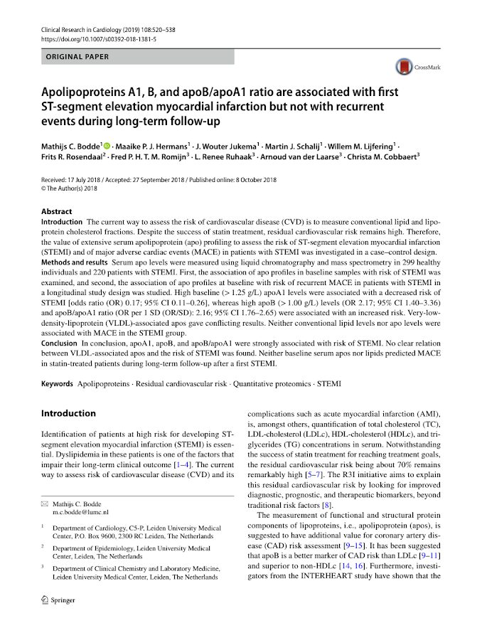 Ensaio Sunshine – Apolipoproteins A1, B, and apoB/apoA1 ratio are associated with first ST-segment elevation myocardial infarction but not with recurrent events during long-term follow-up