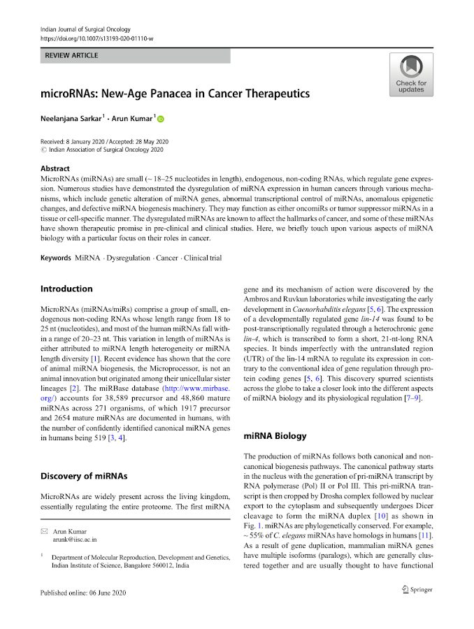 Indian Journall Surg. -microRNAs New-Age Panacea in Cancer Therapeutics