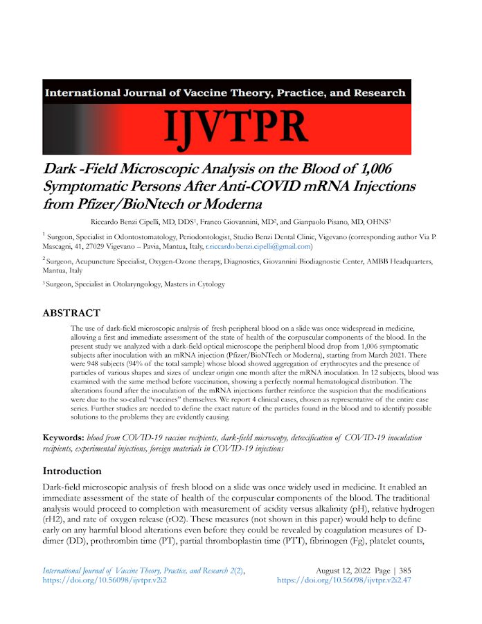 IJVTPR – Dark-Field Microscopic Analysis on 1,006 Symptomatic Persons Blood After Anti-COVID mRNAPfizer/BioNtech, Moderna Injections