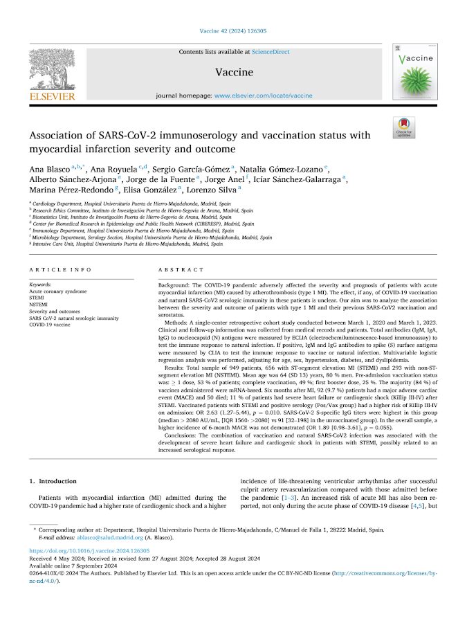 Eslvevier – Association of SARS-CoV-2 immunoserology and vaccination status with myocardial infarction severity and outcome