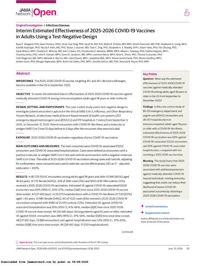JAMA – Interim Estimated Effectiveness of 2025-2026COVID-19 Vaccines in Adults Using a Test-Negative Design