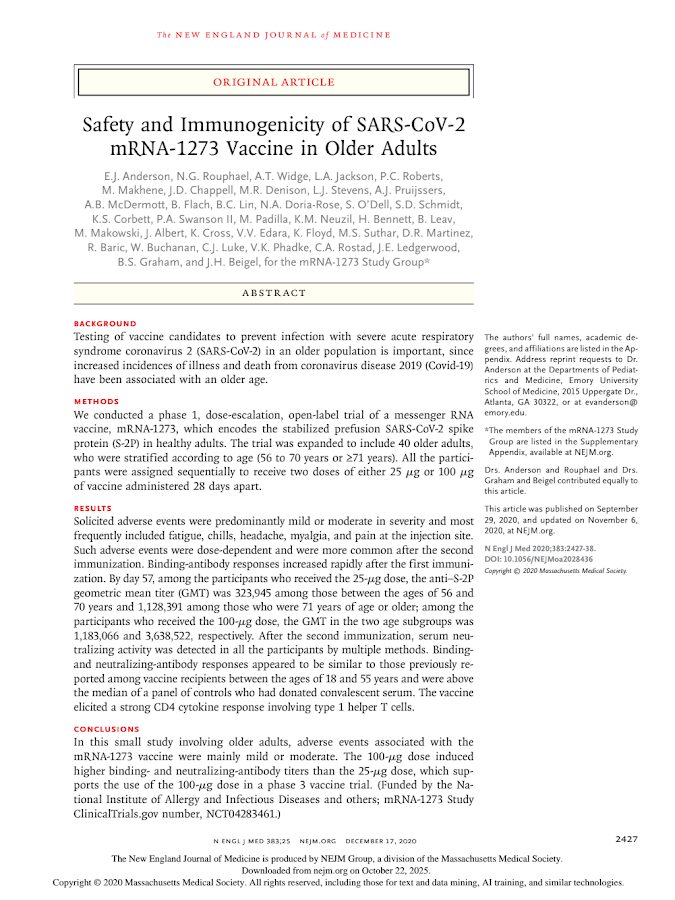 NEJM – Safety and Immunogenicity of SARS-CoV-2 mRNA-1273 Vaccine in Older Adults