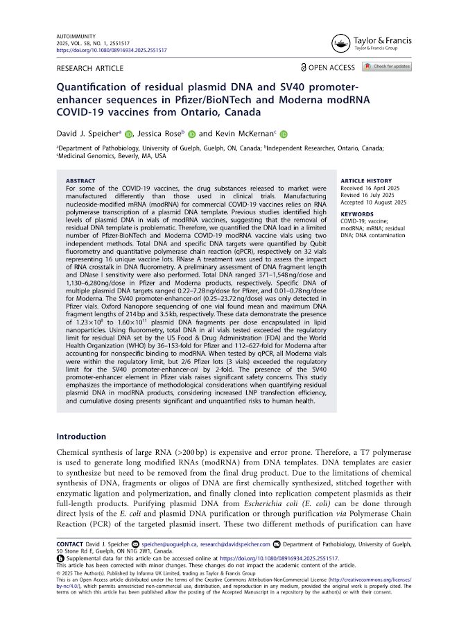 Autoimmunity – Quantification of residual plasmid DNA and SV40 promoter-enhancer sequences in Pfizer/BioNTech and Moderna modRNA COVID-19 vaccines from Ontario, Canada