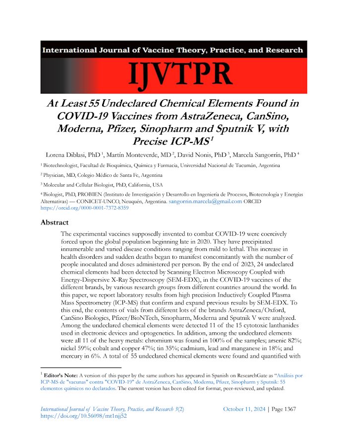 IJVTPR – At Least 55 Undeclared Chemical Elements Found in COVID-19 Vaccines from AstraZeneca, CanSino, Moderna, Pfizer, Sinopharm and Sputnik V, with Precise ICP-MS
