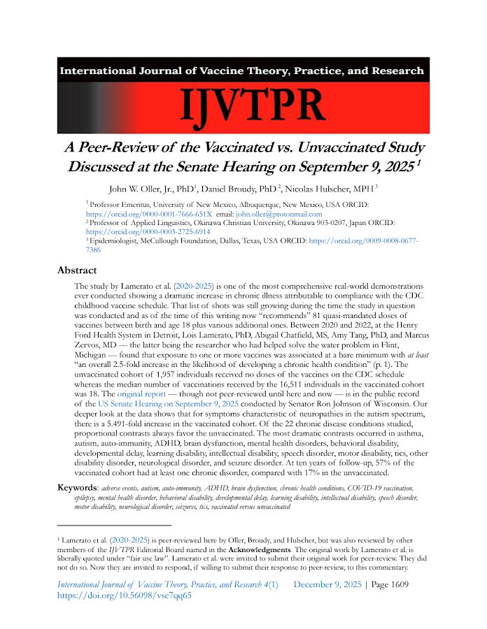 IJVTPR – A Peer -Review of the Vaccinated vs. Unvaccinated Study Discussed at the Senate Hearing on September 9, 2025