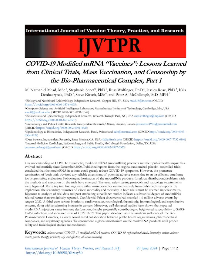 IJVTPR – COVID-19 Modified mRNA “Vaccines”: Lessons Learned from Clinical Trials, Mass Vaccination, and Censorship by the Bio – Pharmaceutical Complex