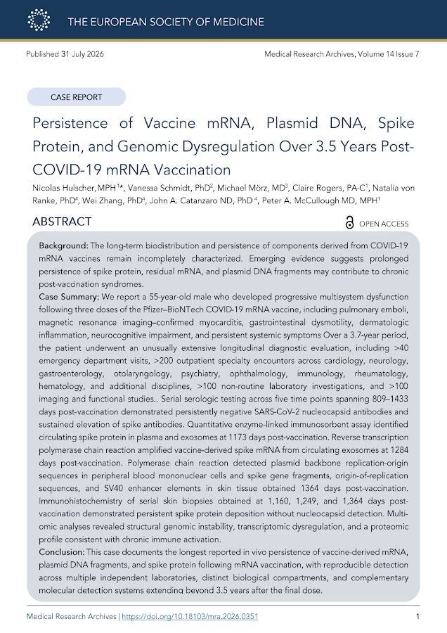 European Society of Medicine – Persistence of Vaccine mRNA, Plasmid DNA, Spike Protein, and Genomic Dysregulation Over 3.5 Years Post-COVI D-19 mRNA Vaccination