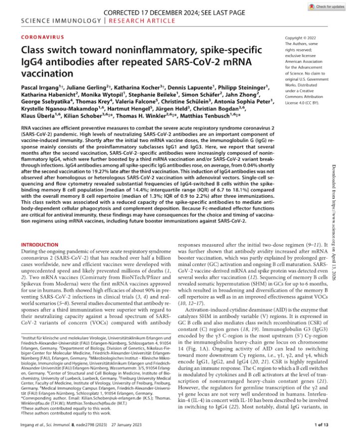 Science Imunology – Class switch toward noninflammatory, spike-specific IgG4 antibodies after repeated SARS-CoV-2 mRNA vaccination