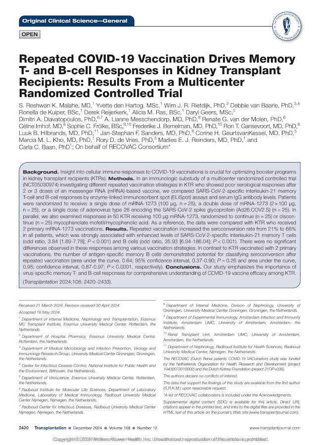 Transplantation Society – Repeated COVID-19 Vaccination Drives Memory T- and B-cell Responses in Kidney Transplant Recipients