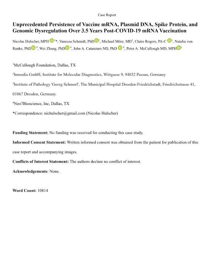 ResearchGate – Unprecedented Persistence of Vaccine mRNA, Plasmid DNA, Spike Protein, and Genomic Dysregulation Over 3.5 Years Post-COVID-19 mRNA Vaccination