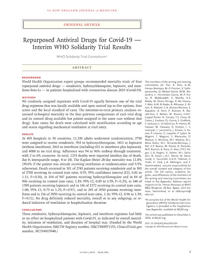 NEJM – Repurposed Antiviral Drugs for Covid-19 — Interim WHO Solidarity Trial Results