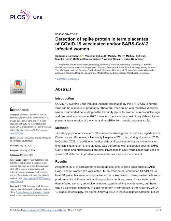 PLOS one – Detection of spike protein in term placentas of COVID-19 vaccinated and/or SARS-CoV-2 infected women