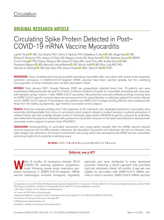 Circulation – Circulating Spike Protein Detected in Post–COVID-19 mRNA Vaccine Myocarditis