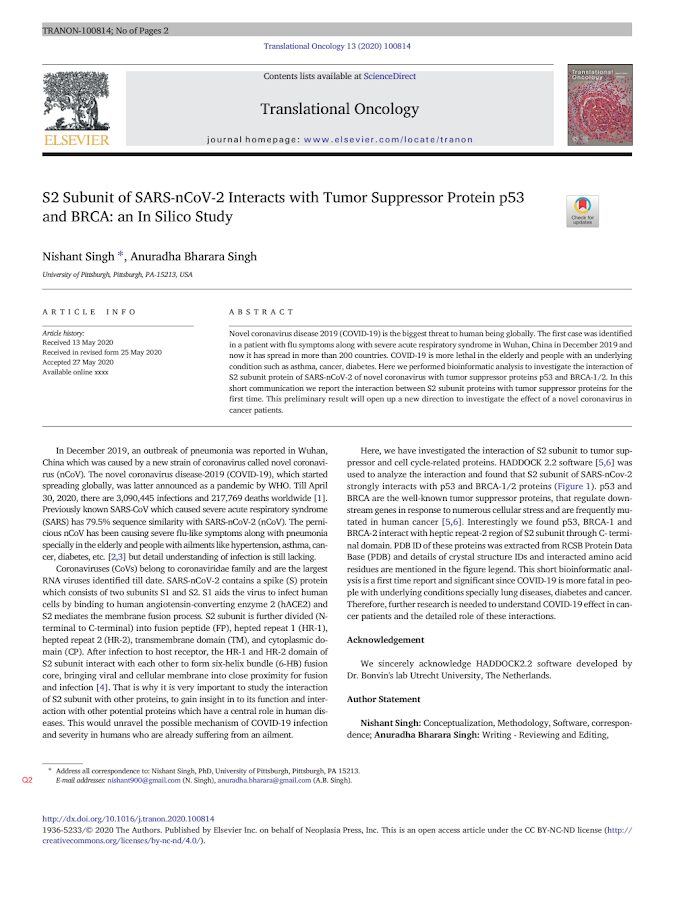 Elsevier – S2 Subunit of SARS-nCoV-2 Interacts with Tumor Suppressor Protein p53 and BRCA: an In Silico Study