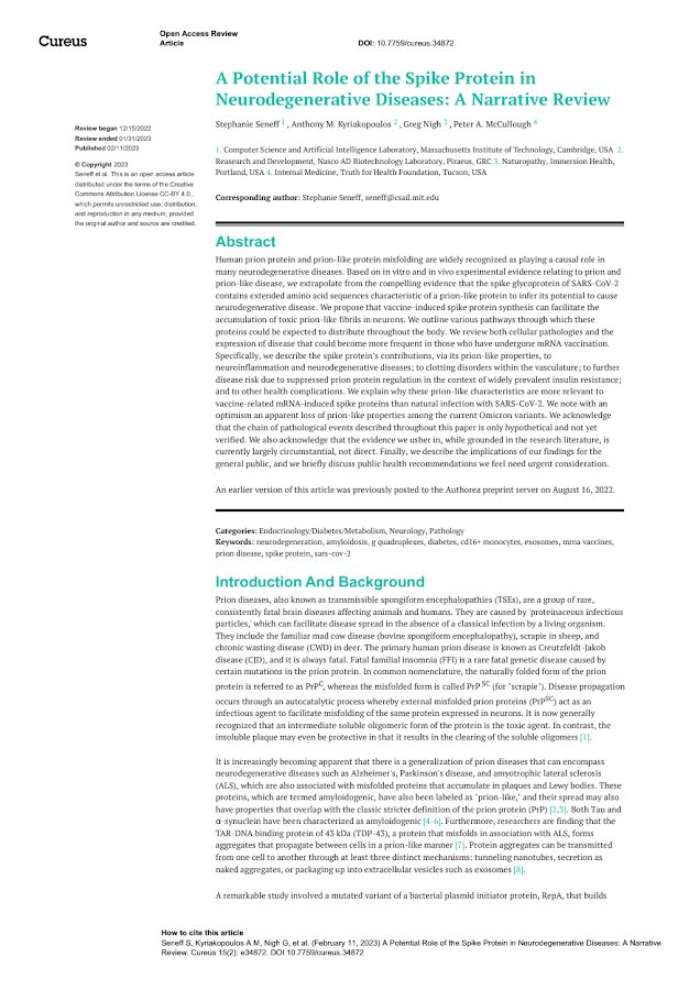 CUREUS – A Potential Role of the Spike Protein in Neurodegenerative Diseases: A Narrative Review