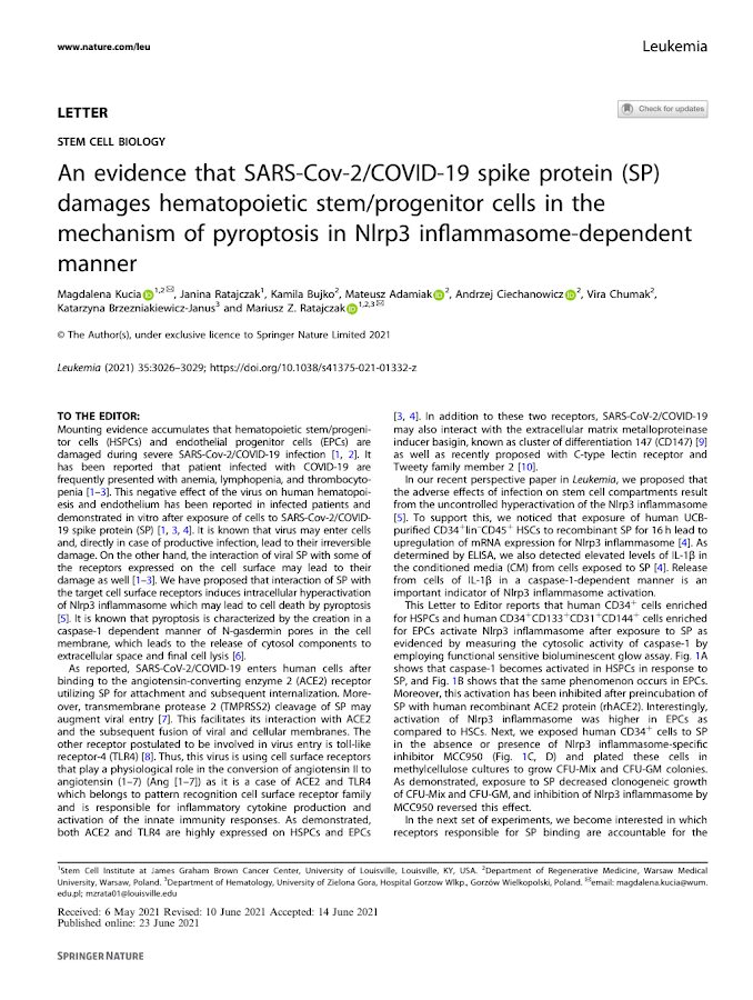 Stem Cell Biology – Evidence that SARS-Cov-2/COVID-19 spike protein damages hematopoietic stem/progenitor cells