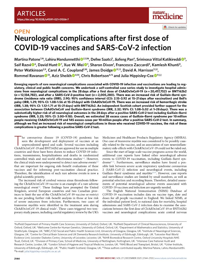Nature Medicine – Neurological complications after first dose of COVID-19 vaccines and SARS-CoV-2 infection