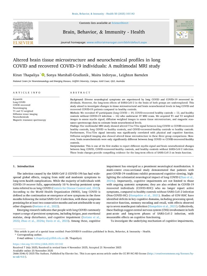 Elsevier – Brain Imunity Health – Altered brain tissue microstructure and neurochemical profiles in long COVID and recovered COVID-19 individuals