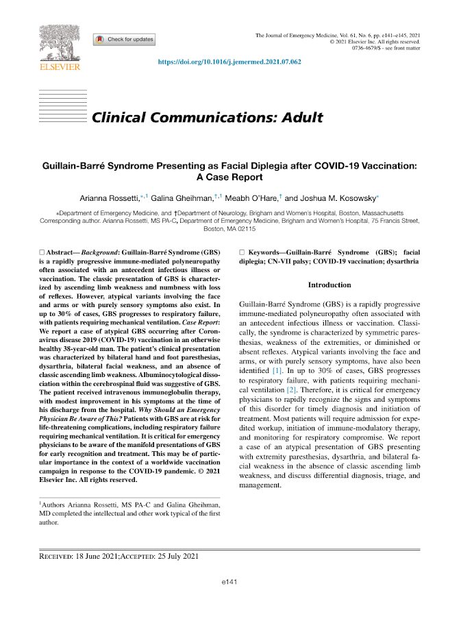 Elsevier- Guillain-Barré Syndrome Presenting as Facial Diplegia after COVID-19 Vaccination – 2021