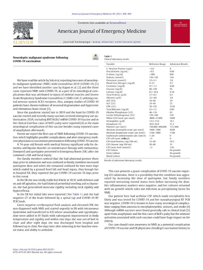 Elsevier – Neuroleptic malignant syndrome following covid-19 vaccination