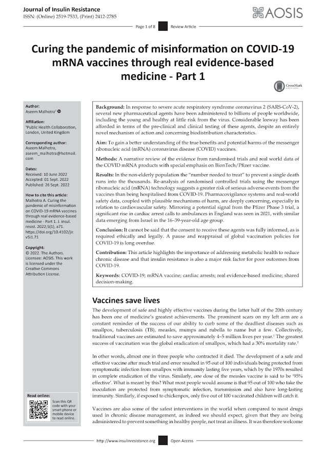 Journal of Insulin Resistance – Curing the pandemic of misinformation on COVID-19 mRNA vaccines through real evidence-based medicine – Part 1