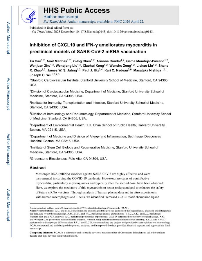 PubMed – Inhibition of CXCL10 and IFN-γ ameliorates myocarditis in preclinical models of SARS-CoV-2 mRNA vaccination