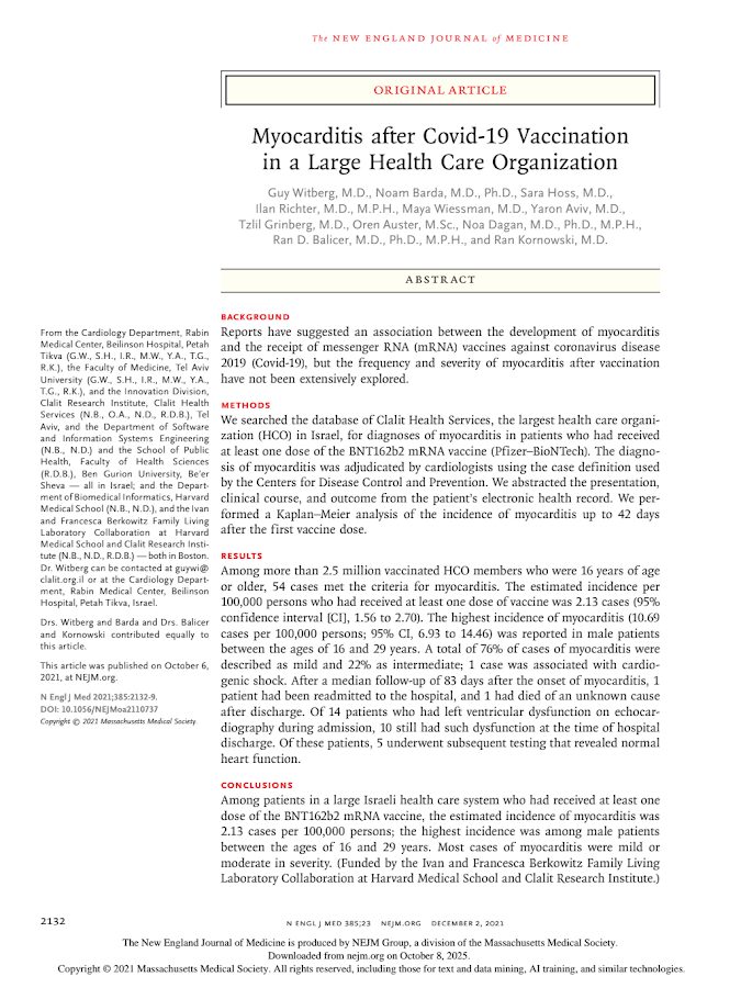 NEJM – Myocarditis after Covid-19 Vaccination in a Large Health Care Organization