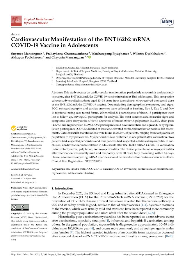 MDPI – Cardiovascular Manifestation of the BNT162b2 mRNA COVID-19 Vaccine in Adolescents