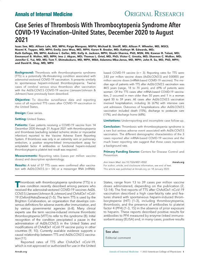 AIM – Case Series of Thrombosis With Thrombocytopenia Syndrome After Covid-19 vaccination