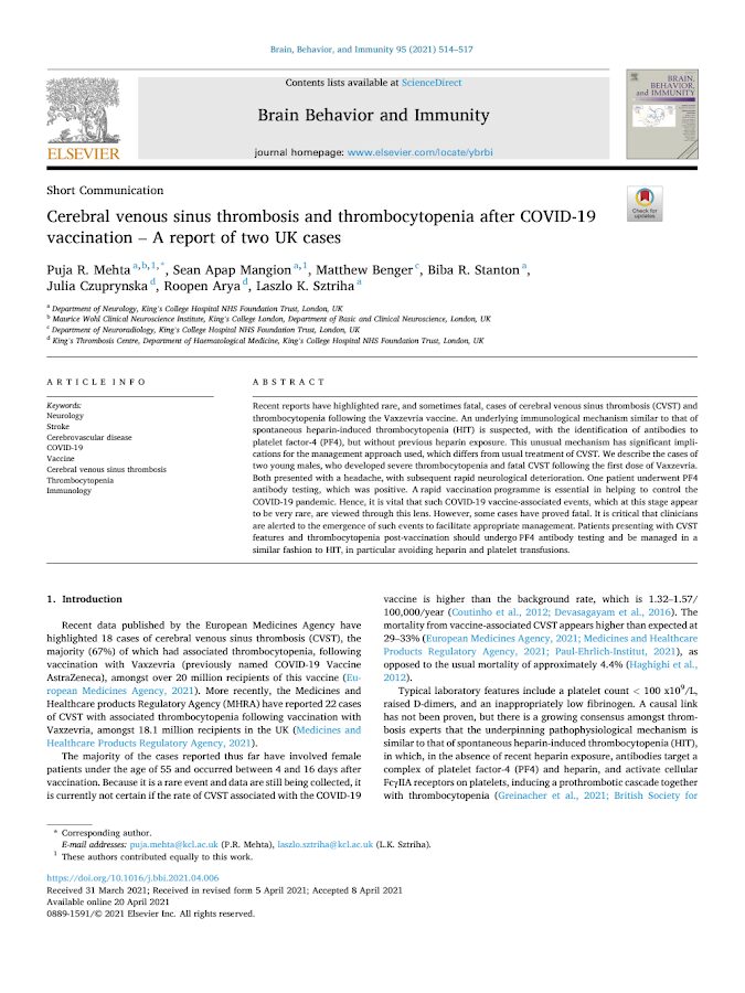 Elsevier – Cerebral venous sinus thrombosis and thrombocytopenia after COVID-19 vaccination