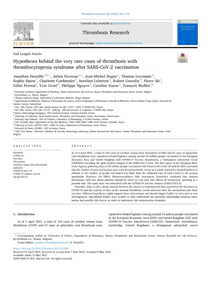 Elsevier – Hypotheses behind the very rare cases of thrombosis with thrombocytopenia syndrome after SARS-CoV-2 vaccination