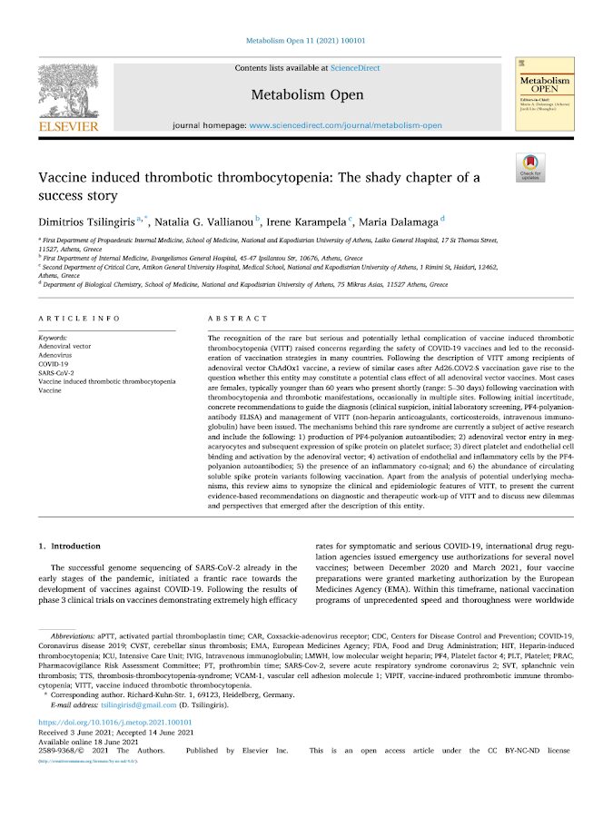 Elsevier – Vaccine induced thrombotic thrombocytopenia