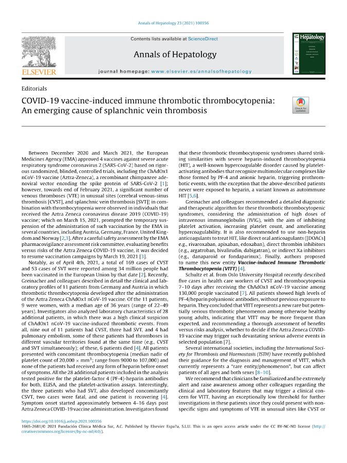 Elsevier – COVID-19 vaccine-induced immune thrombotic thrombocytopenia: An emerging cause of splanchnic vein thrombosis