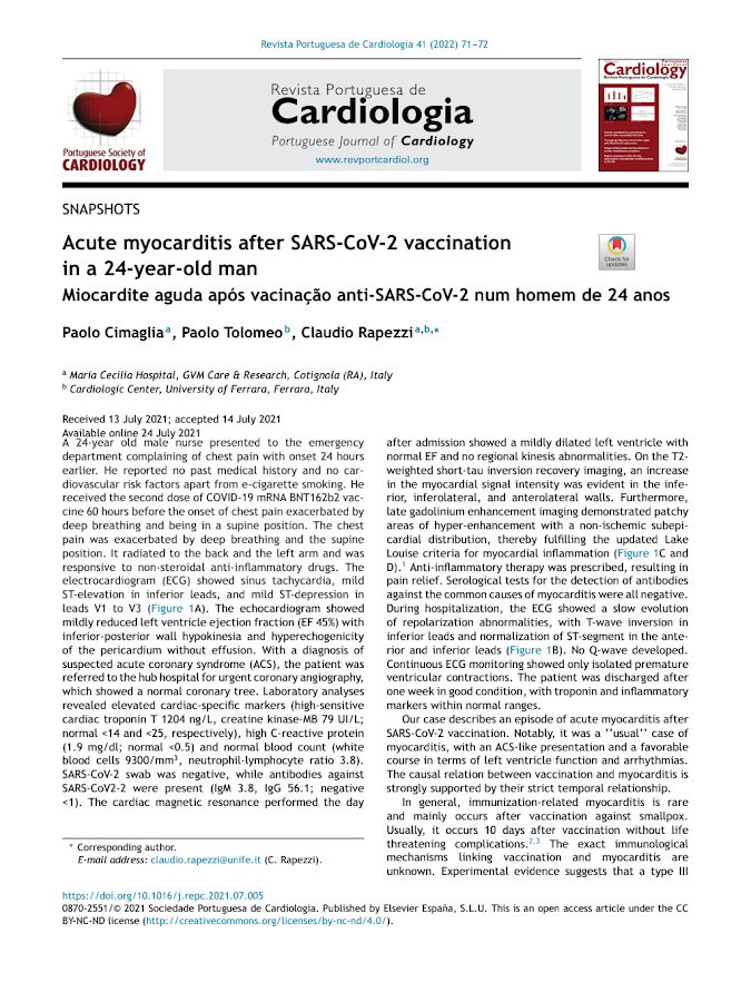 Revista Port. de Cardiologia – Miocardite aguda após vacinação anti-SARS-CoV-2 num homem de 24 anos