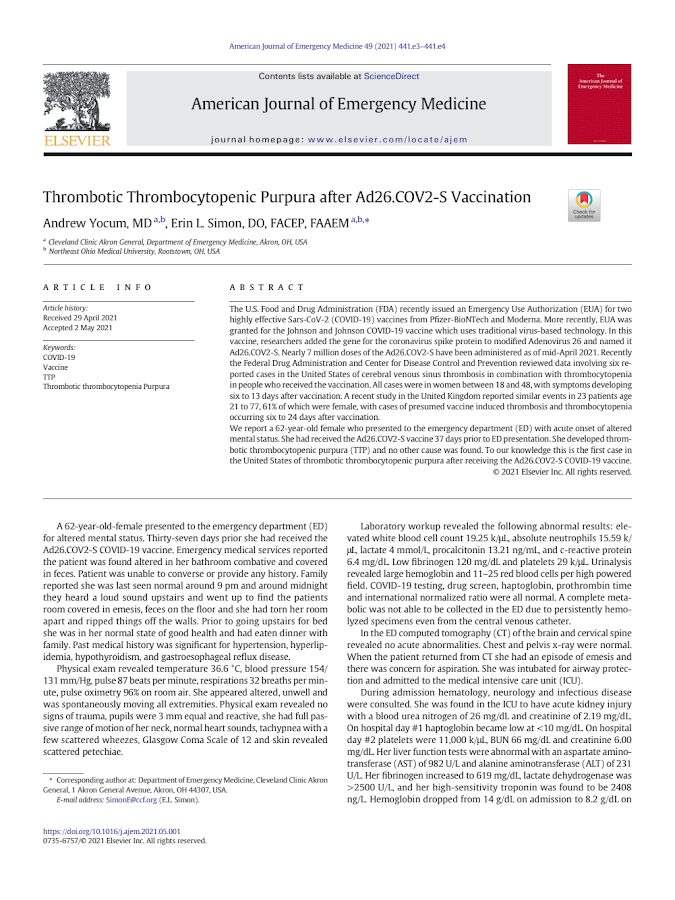 AJEM-Thrombotic Thrombocytopenic Purpura after Ad26.COV2-S Vaccination -2021