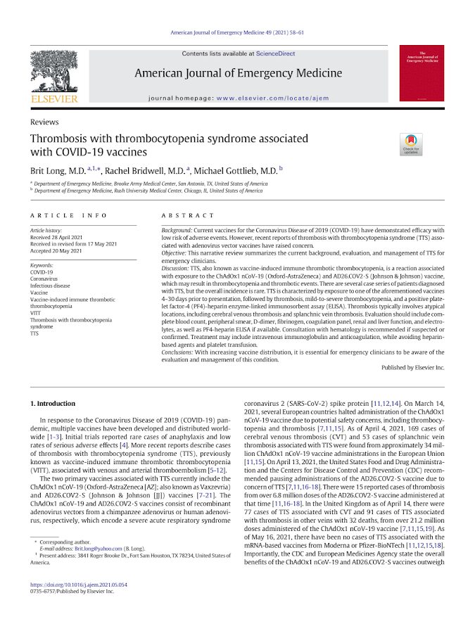 Elsevier – Thrombosis with thrombocytopenia syndrome associated with COVID-19 vaccines