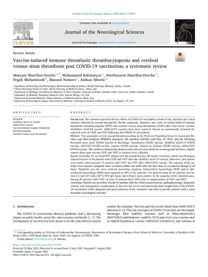 Elsevier – Vaccine-induced immune thrombotic thrombocytopenia and cerebral venous sinus thrombosis post COVID-19 vaccination