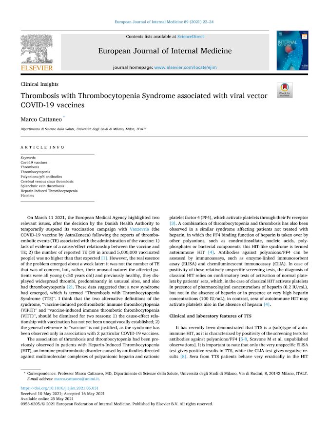 Elsevier- Thrombosis with Thrombocytopenia Syndrome associated with viral vector COVID-19 vaccines
