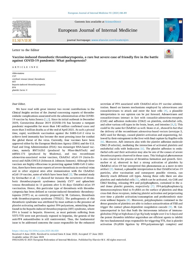 Elsevier – Vaccine induced thrombotic thrombocytopenia: The shady chapter of a success story