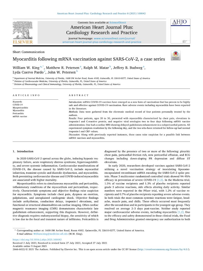 Myocarditis following mRNA vaccination against SARS-CoV-2, a case series – American Heart Journal Plus