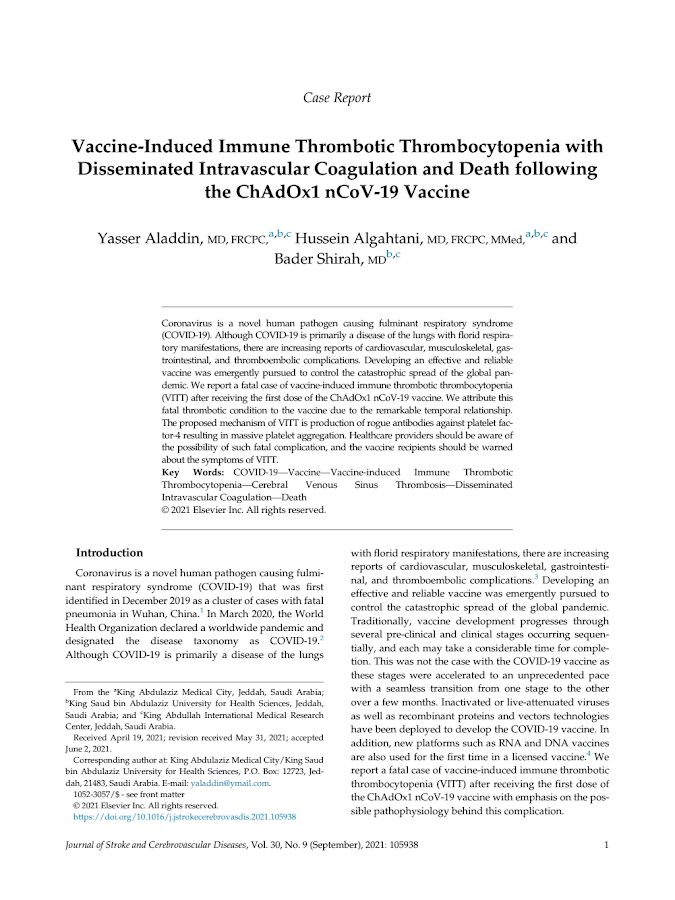Journal of stroke and cerebrovascular diseases – Vaccine-Induced Immune Thrombotic Thrombocytopenia with Disseminated Intravascular Coagulation and Death following the ChAdOx1 nCoV-19 Vaccine
