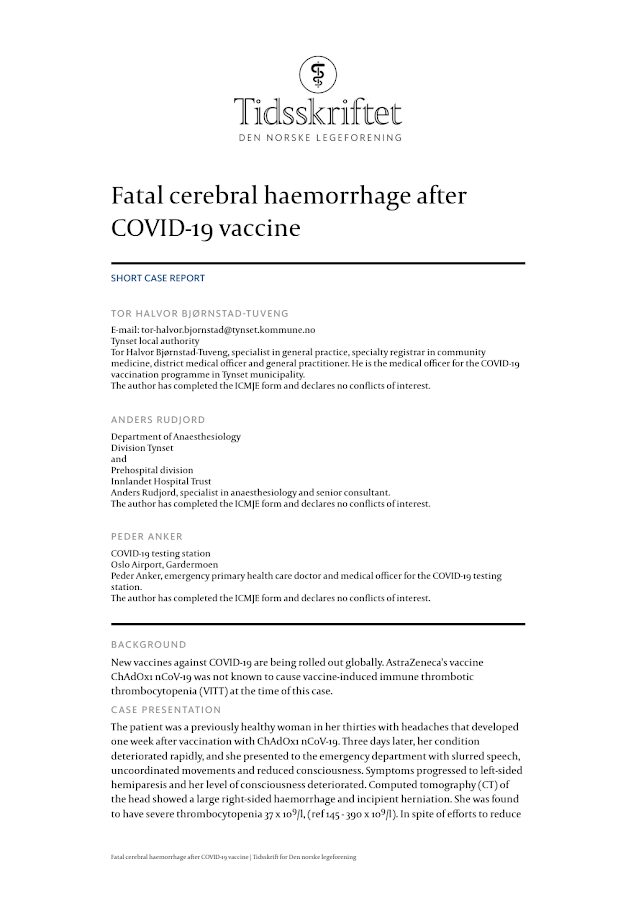 TiddsKriftet – Fatal cerebral haemorrhage after COVID-19 vaccine