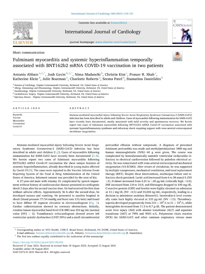 Elsevier – Fulminant myocarditis and systemic hyperinflammation temporarly associated with BNT162b2 mRNA COVID-19 vaccination in two patients
