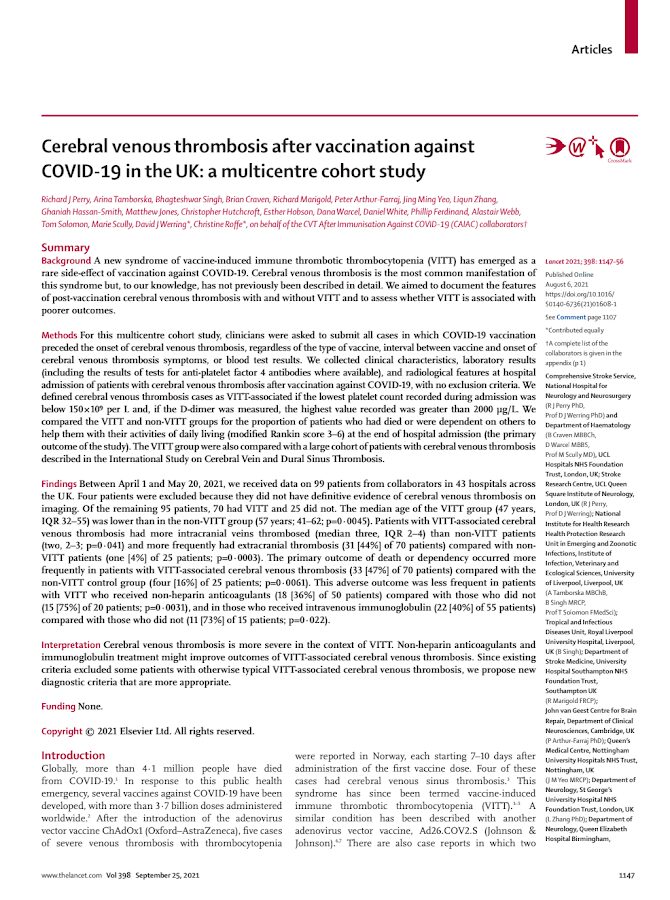 Elsevier – Cerebral venous thrombosis after vaccination against COVID-19 in the UK: a multicentre cohort study