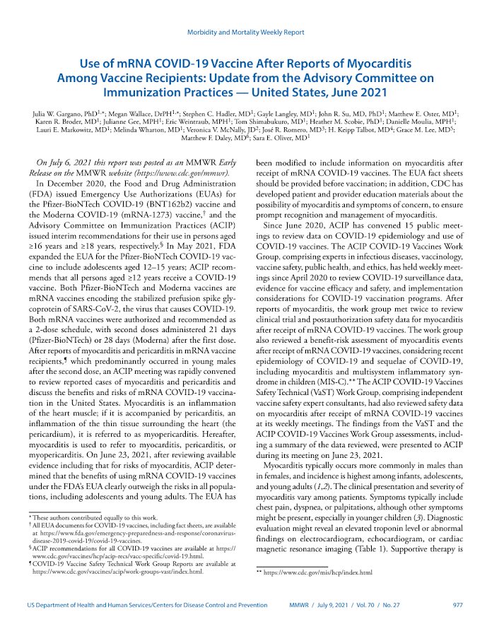 Mobility and Mortality week report – Use of mRNA COVID-19 Vaccine After Reports of Myocarditis Among Vaccine Recipients