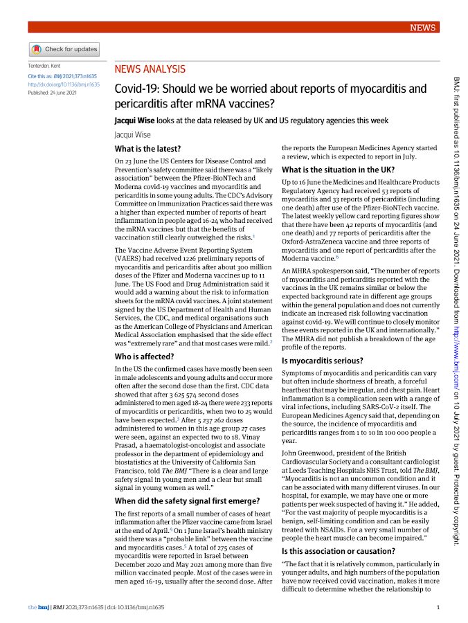 BMJ – Covid-19: Should we be worried about reports of myocarditis and pericarditis after mRNA vaccines?