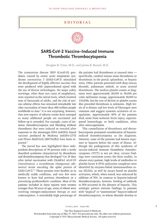 NEJM – SARS-CoV-2 Vaccine–Induced Immune trombotic trombocitopenia
