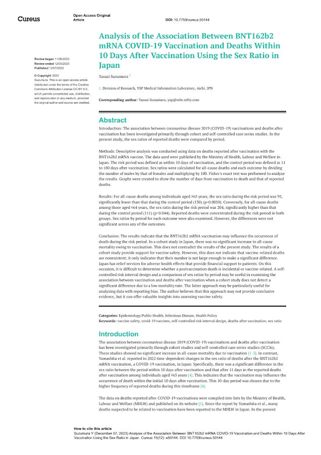 Cureus – Analysis of the Association Between BNT162b2  mRNA COVID-19 Vaccination and Deaths